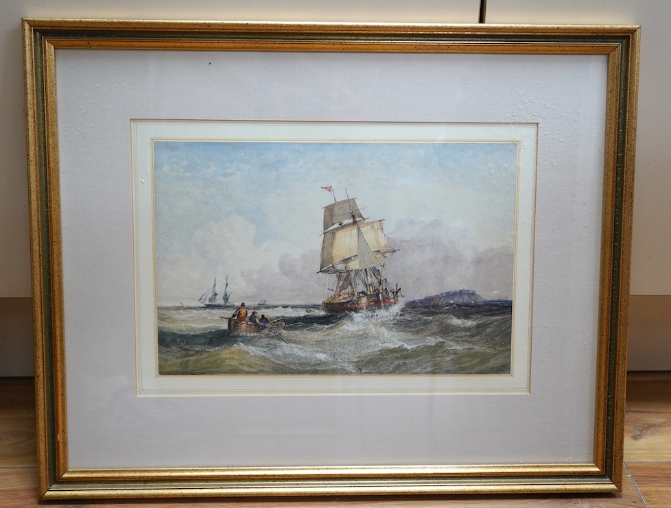 Attributed to William Adolphus Knell (1805-1875), watercolour, Seascape with sailing vessels off an island, unsigned, gallery label verso, 23 x 34cm. Condition - fair to good